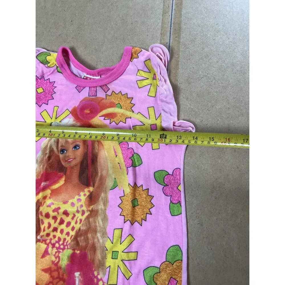 Vintage Barbie Sleepshirt Girls 7-8 Pink Graphic Ruffle Hem Knit USA 90s